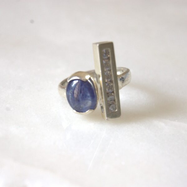 Blue Sapphire and Cubic Zirconia Sterling Silver Ring