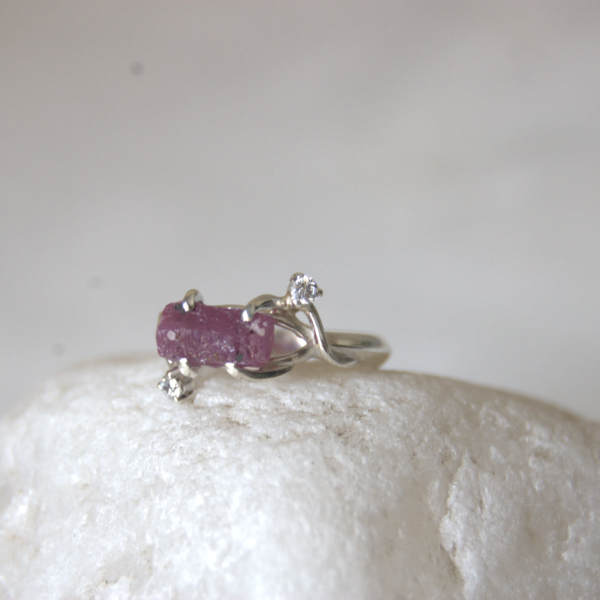 Natural Raw Ruby and Cubic Zirconia Sterling Silver Ring