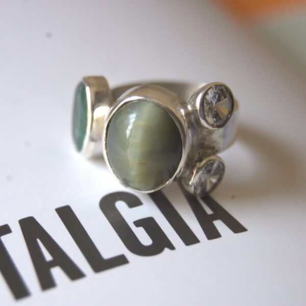 Cat's Eye, Emerald and Cubic Zirconia Sterling Silver Ring - Image 4