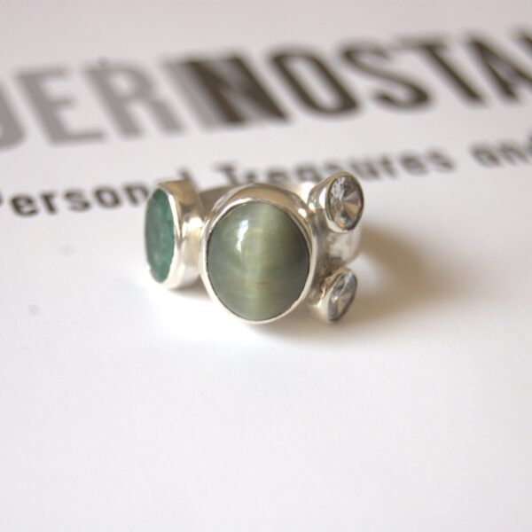 Cat's Eye, Emerald and Cubic Zirconia Sterling Silver Ring