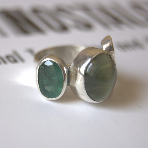 Cat's Eye, Emerald and Cubic Zirconia Sterling Silver Ring - Image 2