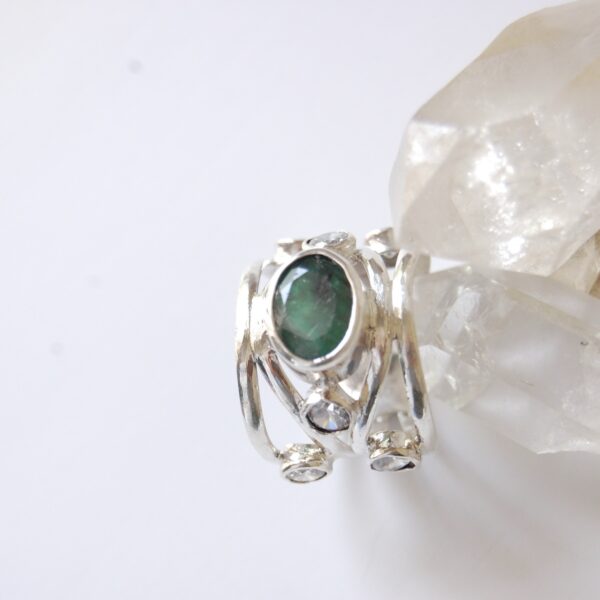 Emerald & Cubic Zirconia Sterling Silver Ring - Image 4