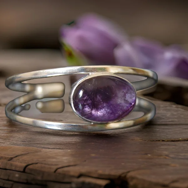 Round Amethyst Sterling Silver Cuff