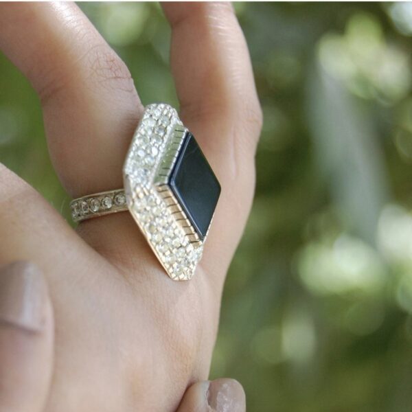 Black Agate (Aqeeq) and Cubic Zirconia Sterling Silver Ring - Image 3