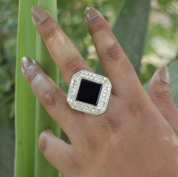 Black Agate (Aqeeq) and Cubic Zirconia Sterling Silver Ring - Image 5