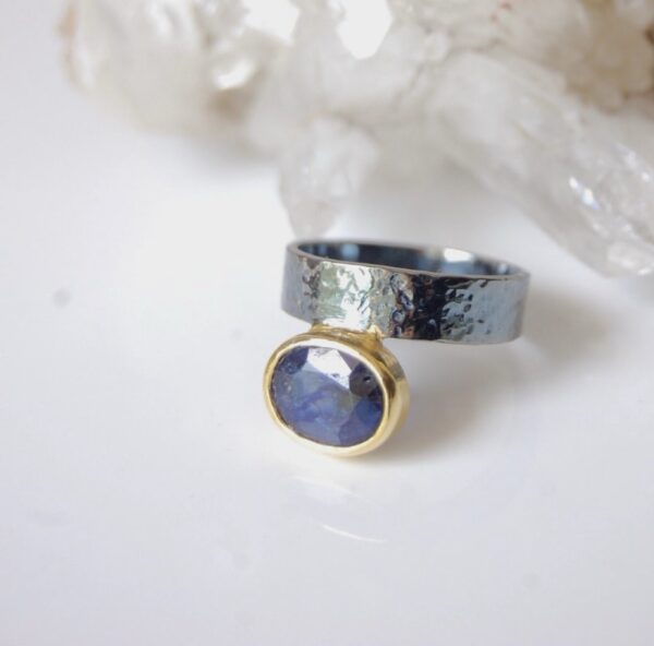 Blue Sapphire Gold and Black Rhodium Plated Sterling Silver Ring