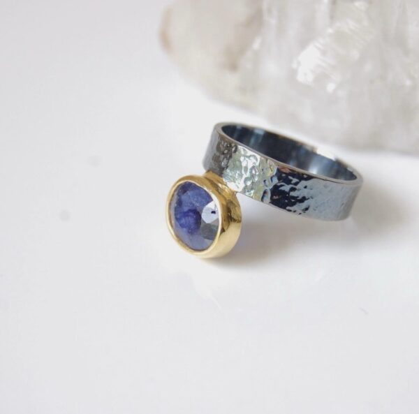 Blue Sapphire Gold and Black Rhodium Plated Sterling Silver Ring - Image 2