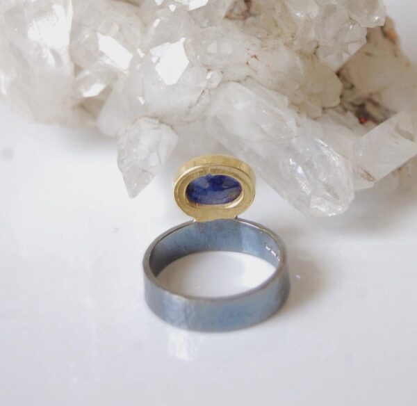 Blue Sapphire Gold and Black Rhodium Plated Sterling Silver Ring - Image 3