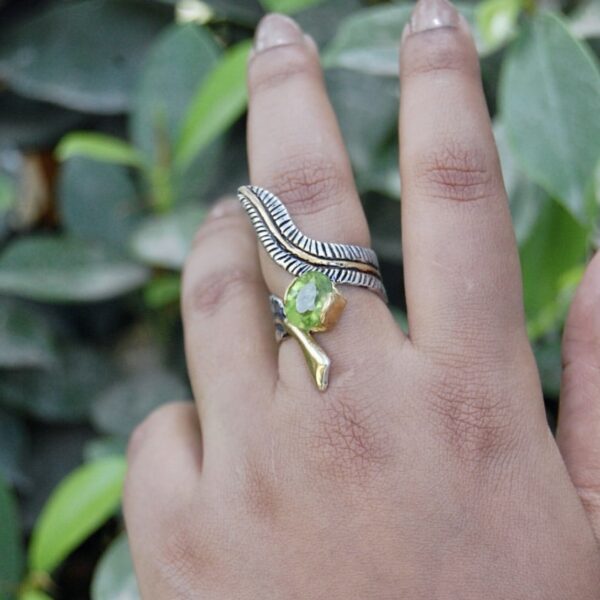 Nature Inspired Peridot Sterling Silver Leaf Ring - Image 3