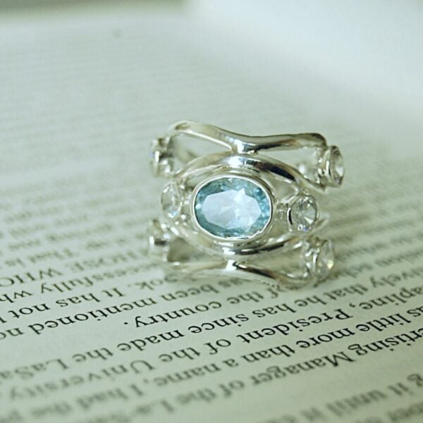 Swiss Blue Topaz and Cubic Zirconia Cocktail Sterling Silver Ring - Image 2