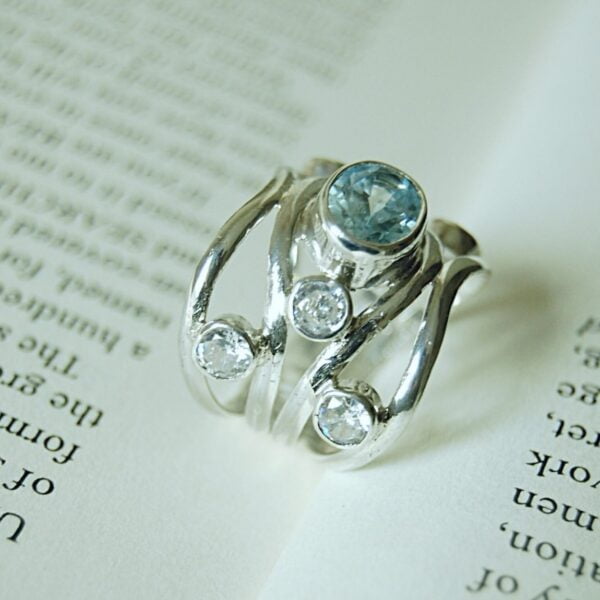 Swiss Blue Topaz and Cubic Zirconia Cocktail Sterling Silver Ring - Image 3