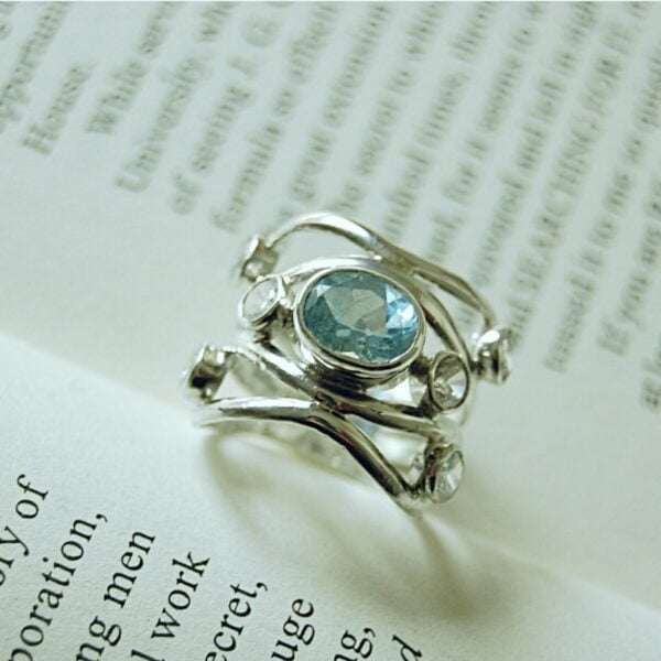 Swiss Blue Topaz and Cubic Zirconia Cocktail Sterling Silver Ring - Image 4