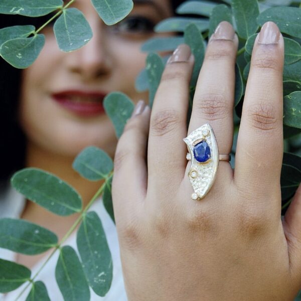 Blue Sapphire and Cubic Zirconia Two Toned Sterling Silver Ring