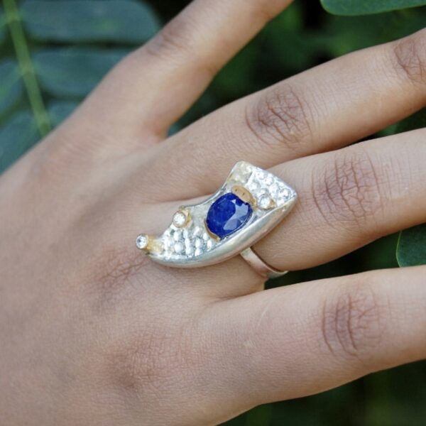 Blue Sapphire and Cubic Zirconia Two Toned Sterling Silver Ring - Image 2