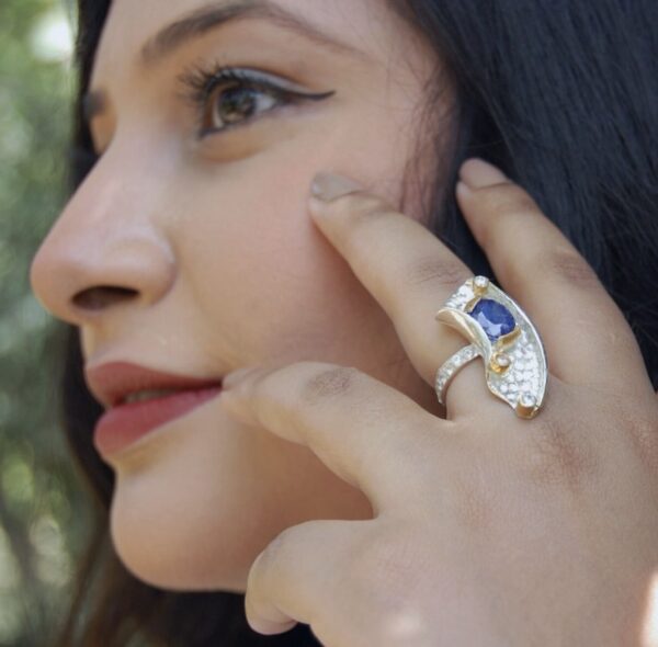 Blue Sapphire and Cubic Zirconia Two Toned Sterling Silver Ring - Image 3