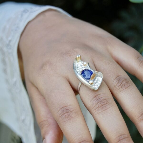 Blue Sapphire and Cubic Zirconia Two Toned Sterling Silver Ring - Image 4