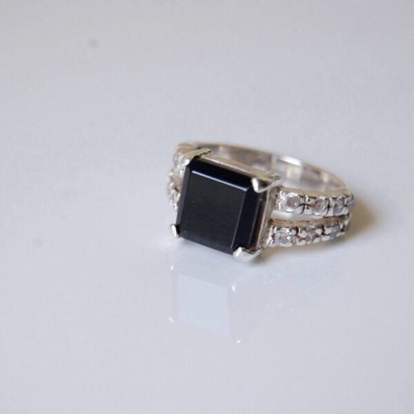 Black Agate (Aqeeq) & Cubic Zirconia Sterling Silver Ring