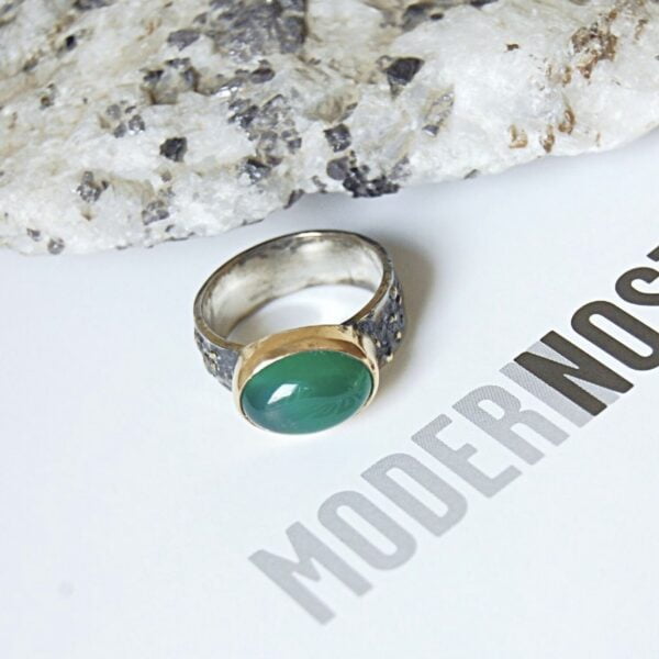 Green Agate (Aqeeq) Oxidized and Gold plated Sterling Silver Ring