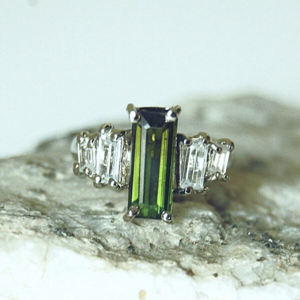 Green Tourmaline and Cubic Zirconia Sterling Silver Ring