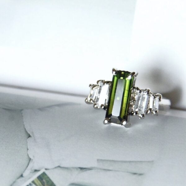 Green Tourmaline and Cubic Zirconia Sterling Silver Ring - Image 2