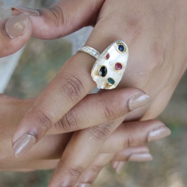 Emerald, Ruby and Blue Sapphire Sterling Silver Ring - Image 4