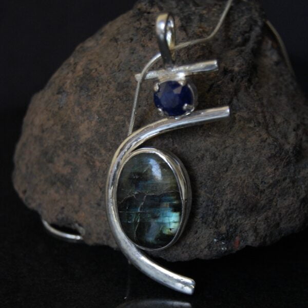 Labradorite and Blue Sapphire Sterling Silver Pendant - Image 3