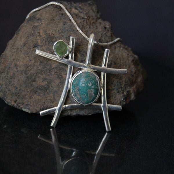 Turquoise (Feroza) and Peridot Sterling Silver Pendant - Image 2