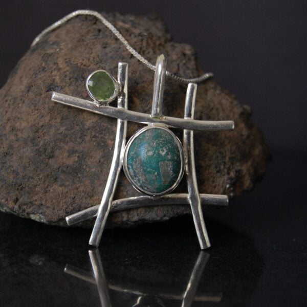 Turquoise (Feroza) and Peridot Sterling Silver Pendant