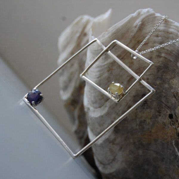 Blue and Yellow Sapphire Geometric Silver Pendant - Image 2