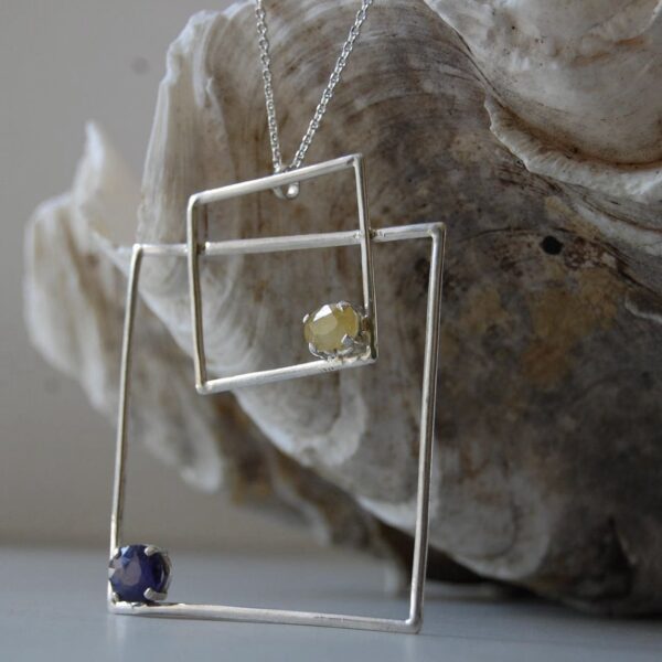 Blue and Yellow Sapphire Geometric Silver Pendant