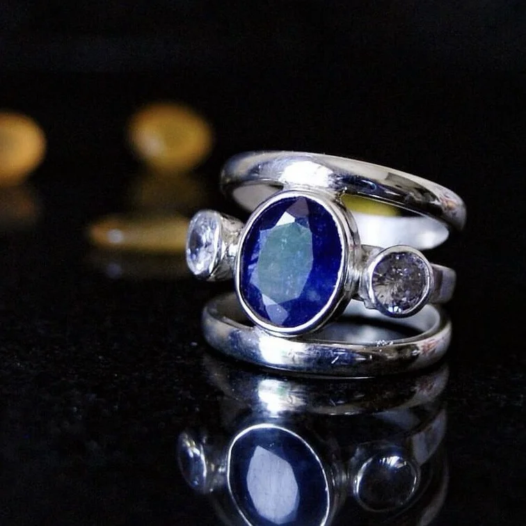 Blue Sapphire and Cubic Zirconia Sterling Silver Ring