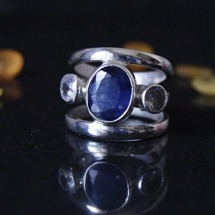 Blue Sapphire and Cubic Zirconia Sterling Silver Ring - Image 3