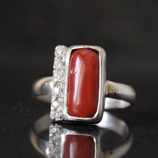 Coral (Marjan) and Cubic Zirconia Sterling Silver Ring