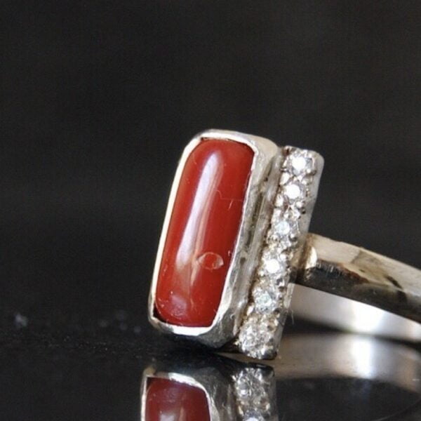 Coral (Marjan) and Cubic Zirconia Sterling Silver Ring - Image 2