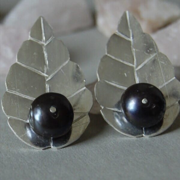 Black Pearl Leaf Sterling Silver Earrings